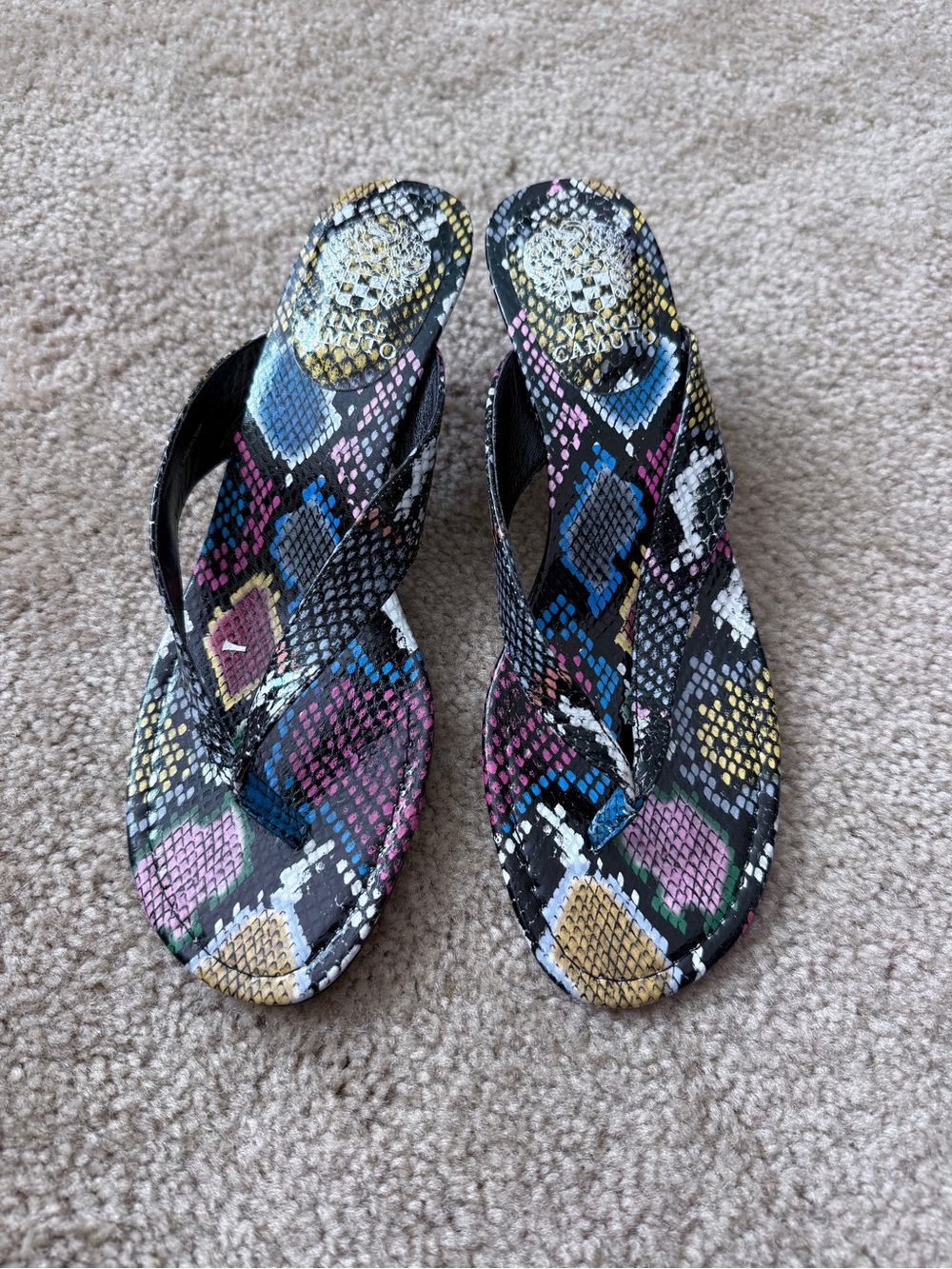 Vince Camuto Genuine Leather Multicolor Snakeskin Kitten Heel Sandals